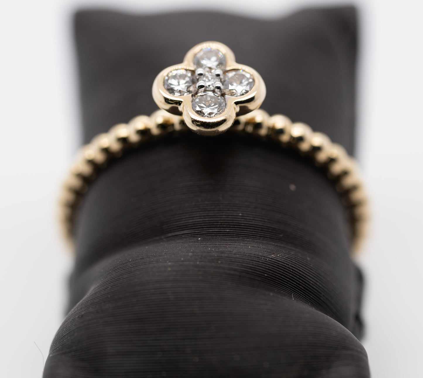 14K Yellow Gold Diamond Cluster Clover and Bujukan Bead Ring