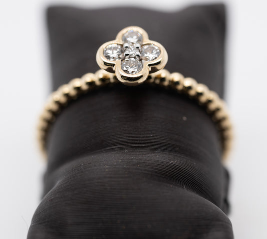 14K Yellow Gold Diamond Cluster Clover and Bujukan Bead Ring