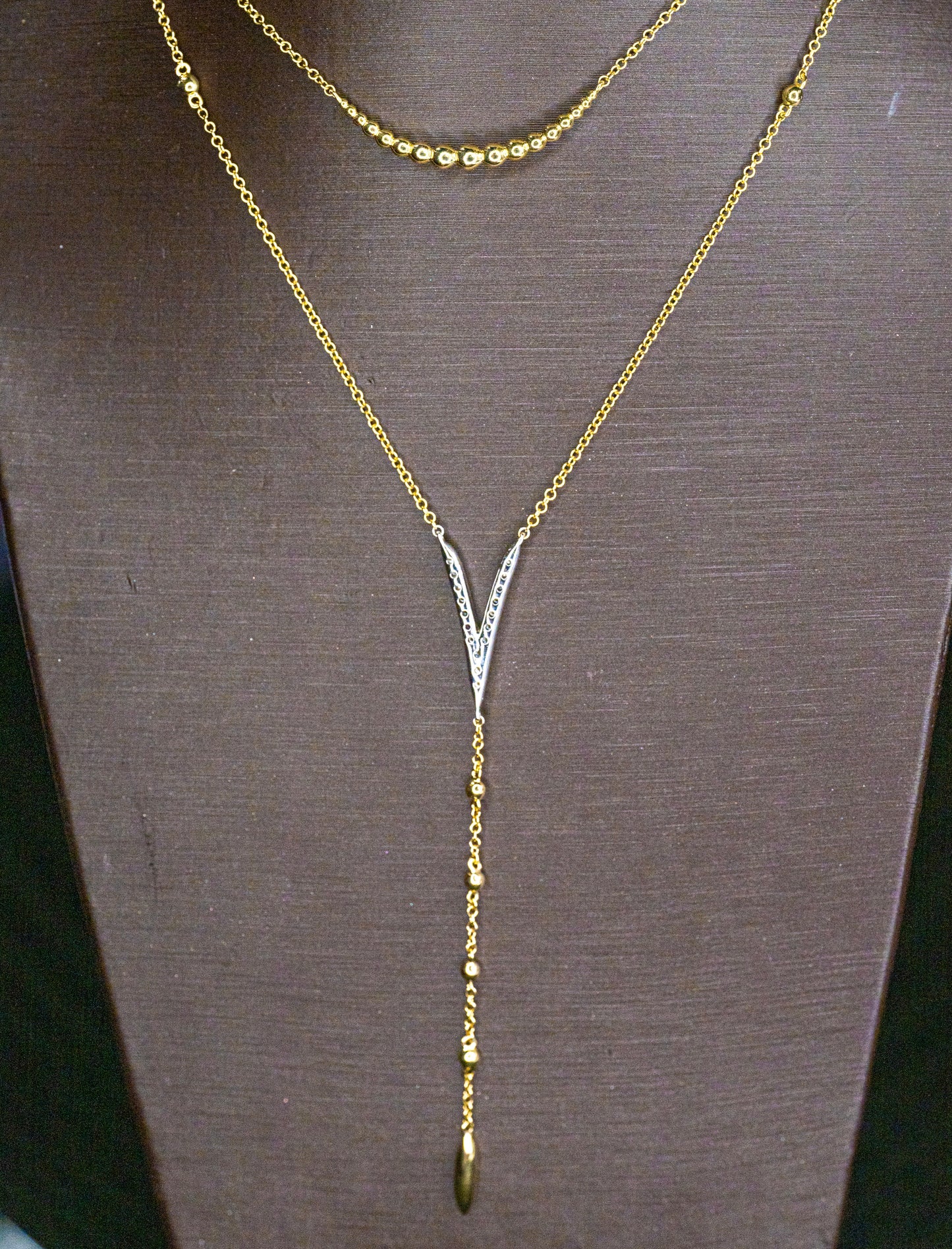 14K White Yellow Gold Pave Diamond Layered Chevron Necklace