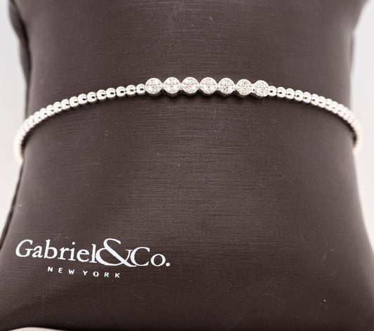 14K White Gold Bujukan Bead Cuff Bracelet with Cluster Diamond Stations