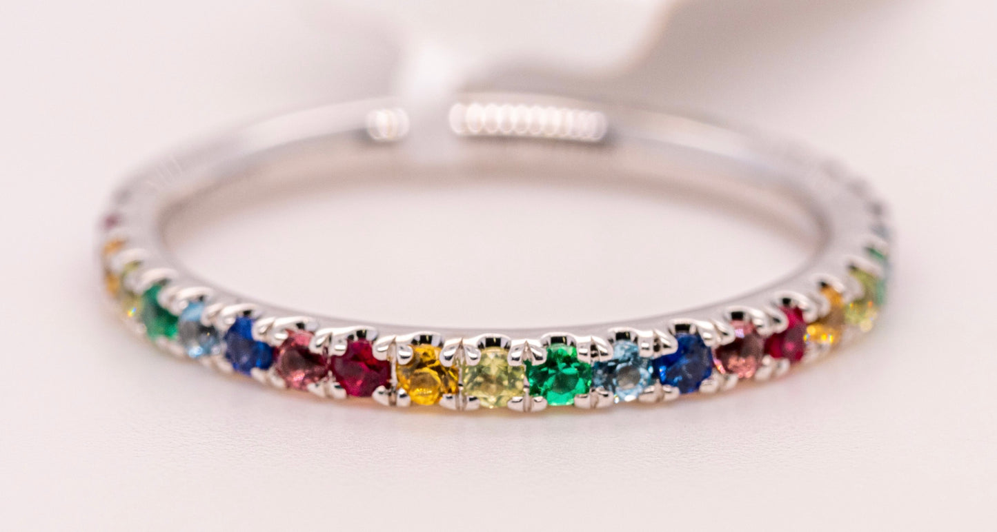 14K White Gold Rainbow Color Stone Stackable Ring
